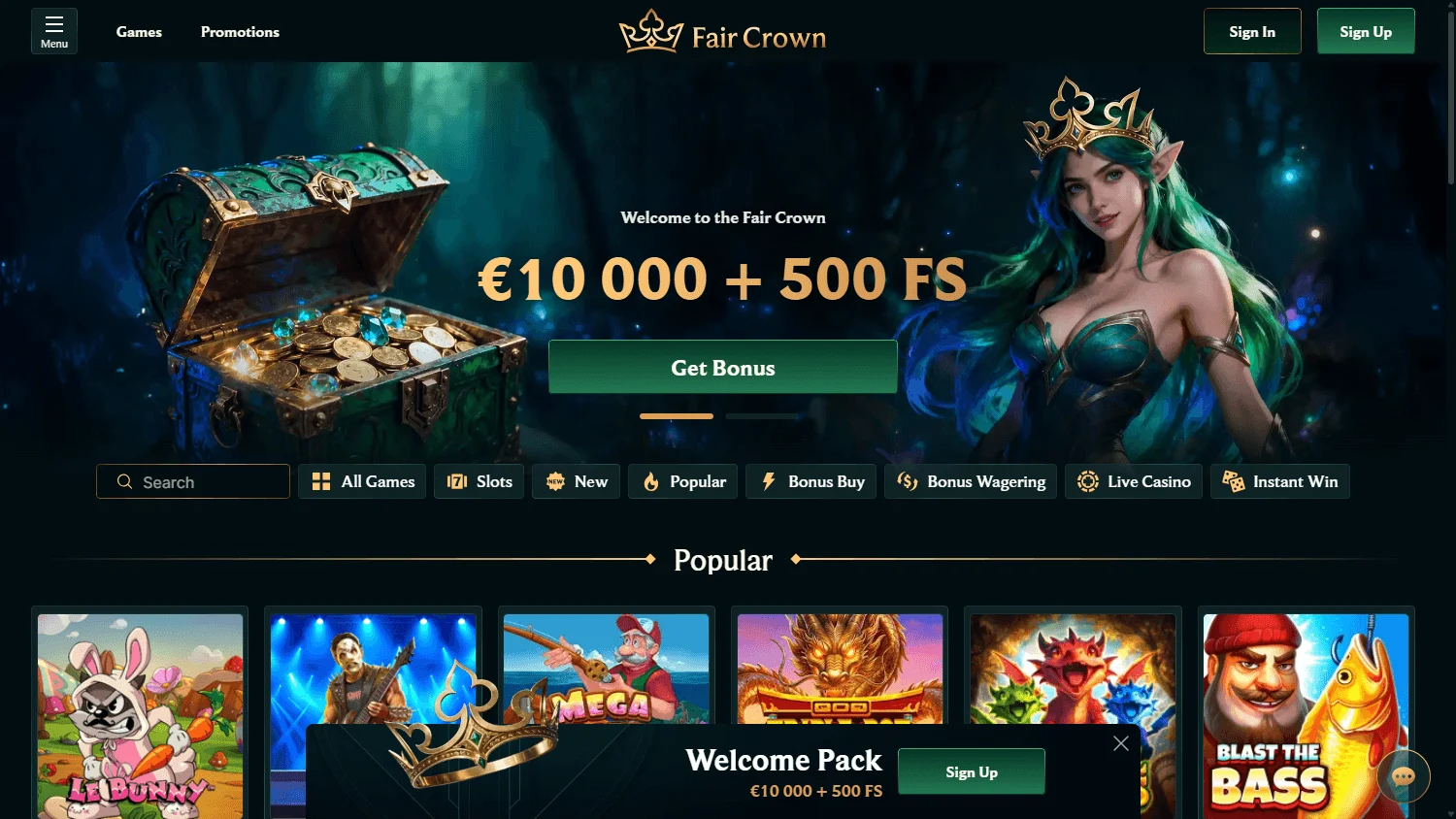 Fair Crown Casino home screen on desktop