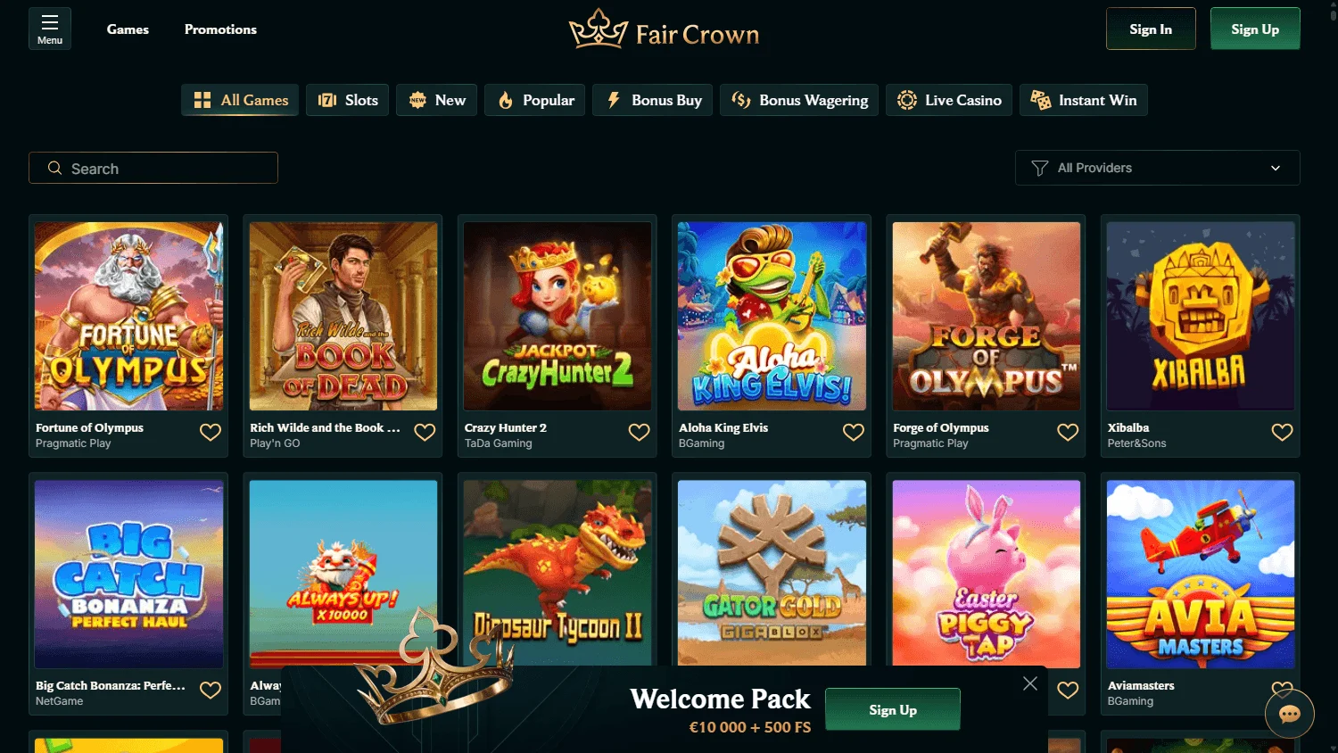 Fair Crown Casino games area on desktop
