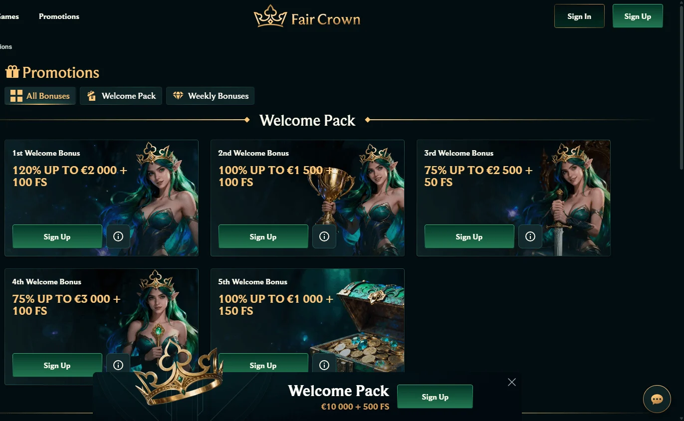Fair Crown Casino promotions area on desktop