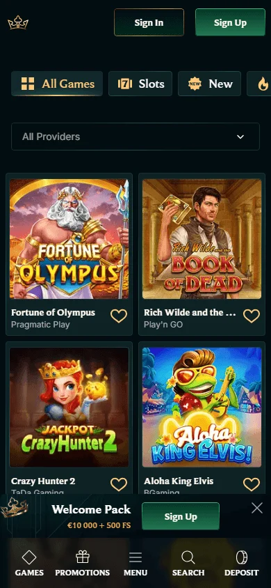 Fair Crown Casino games area on a mobile device