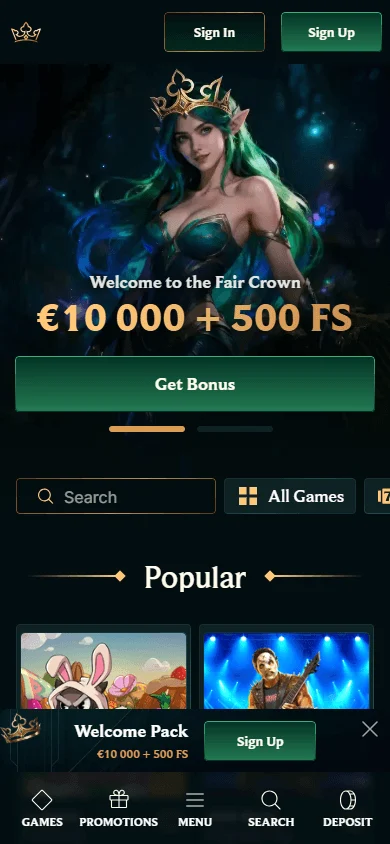 Fair Crown Casino home screen on a mobile device